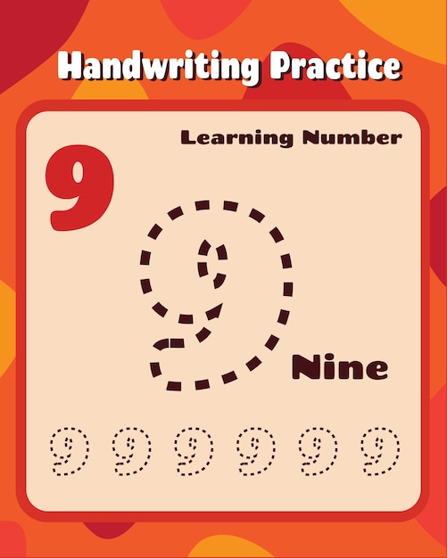Arbeitsblatt zum Üben von Handschriftspuren mit der Nummer 9 für Vorschulkinder, die lernen, wie man in druckbarer Form schreibt