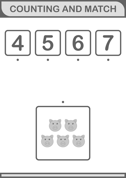 Arbeitsblatt zum zählen und kombinieren von schweinegesichtern für kinder