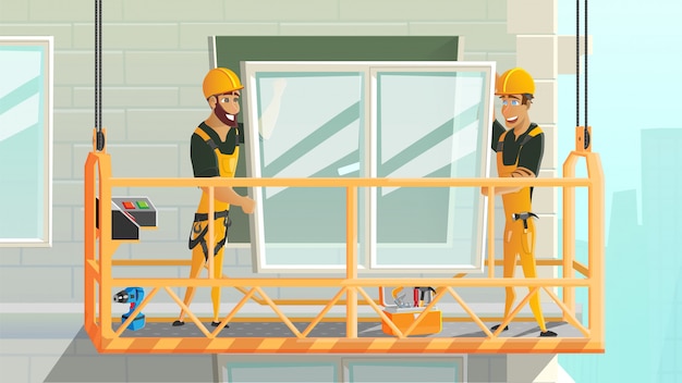 Arbeitskräfte, die Fenster auf Bau installieren