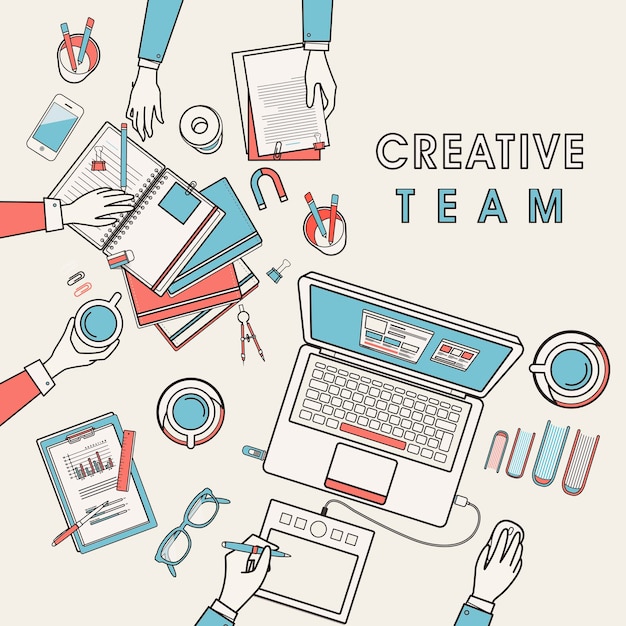 Arbeitsplatz des Kreativteams im Flat Line Design