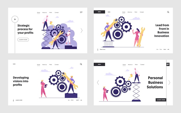 Arbeitsroutine prozess und teamwork cooperation website landing page set