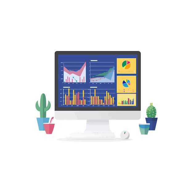 Arbeitsstation mit Computer-Analysedaten-Vektor-Illustrationsdesign