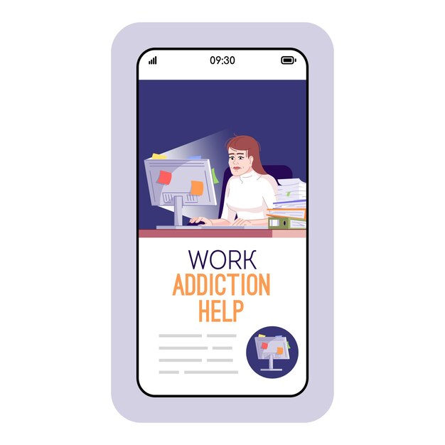 Arbeitssucht hilft cartoon-smartphone-vektor-app-bildschirm. handy-displays mit flachem charakter-design-mockup. destruktives verhalten, telefonschnittstelle der anwendung zur burnout-prävention
