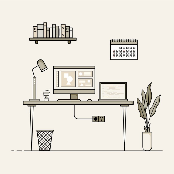 Vektor arbeitstisch flaches design konzept des arbeitstischinnenraums mit möbeln arbeitszimmer mit computertischtischstuhlbuch und stationärer ausrüstung