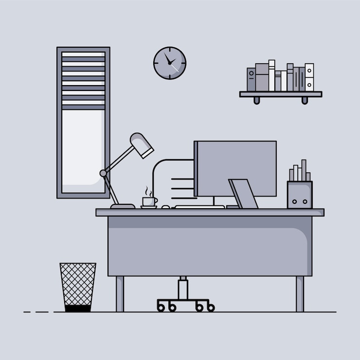 Vektor arbeitstisch flaches design konzept des arbeitstischinnenraums mit möbeln arbeitszimmer mit computertischtischstuhlbuch und stationärer ausrüstung