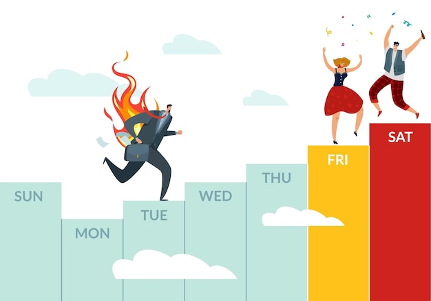 Arbeitswochen- und wochenendpläne kalenderwochendiagramm mit geschäftstätigkeit und urlaubserholung laufende burnout-arbeiter und tanzende menschen planung von job und ruhe vektorkonzept