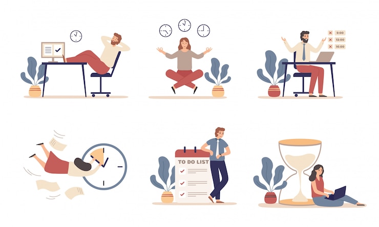 Vektor arbeitszeitplanung. arbeitsplan, organisation der arbeitsproduktivität und aufgaben zeitmanagement-illustrationssatz