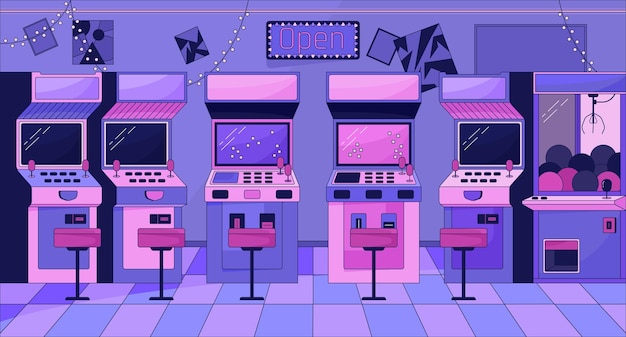 Vektor arcade-automaten chillen lo-fi-hintergrund vintage-spielgeräte unterhaltung 2d-vektor-cartoon-innenillustration lila lofi-hintergrundbild desktop sonnenuntergangsästhetik 90er-jahre-retro-kunst verträumte stimmung