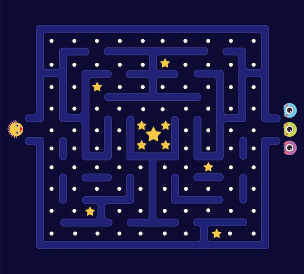 Arcade-labyrinth pacman-hintergrund pac man retro-video-computerspiel labyrinth-verteidiger und monster kinder-app spielen im 80er-jahre-stil videospiel-niveau anständiges vektordesign