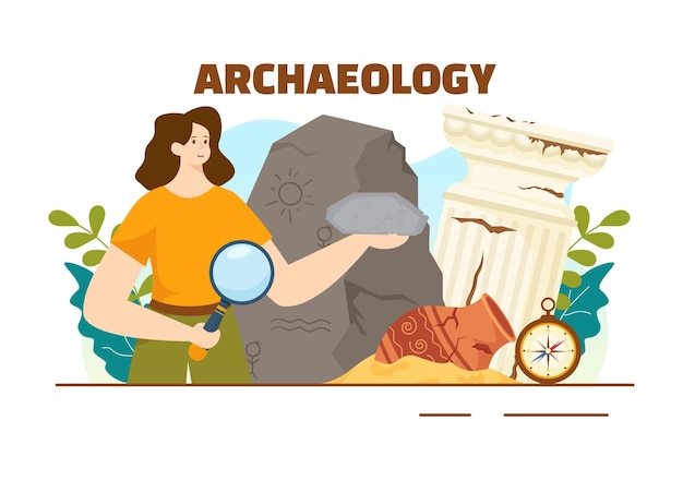 Vektor archäologische illustration mit archäologischer ausgrabung antiker artefakte und dinosaurierfossilien