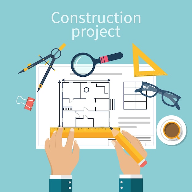 Architekt Designer für Projektzeichnungen Architekturprojekt Planung Bau des Hauses Vektor flach Architekt Hände mit Bleistift und Lineal Architekten Arbeitsplatz Technisches Projekt