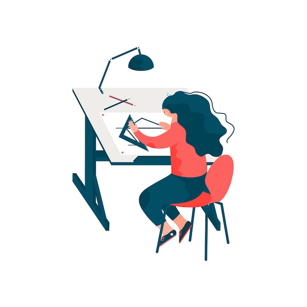 Architektin sitzt an einem Schreibtisch und arbeitet an einem Bauplan. Professionelle Ingenieurin. Charakter-Vektor-Illustration auf weißem Hintergrund.