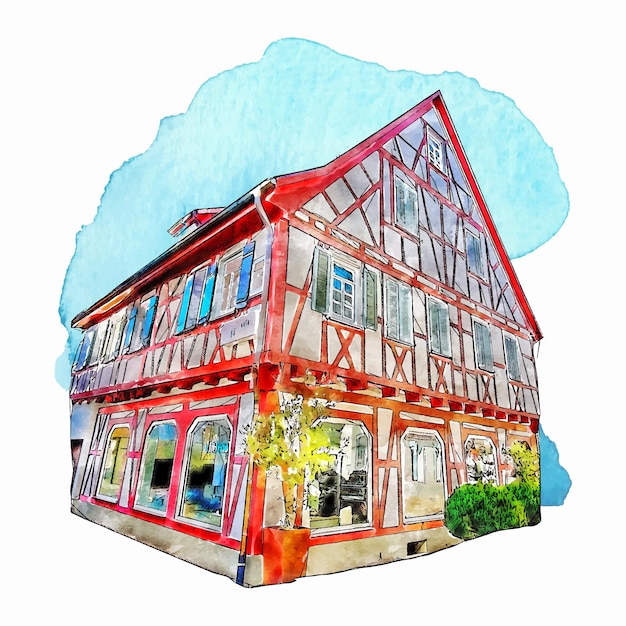 Architektur altstadt deutschland aquarell handgezeichnete illustration isoliert auf weißem hintergrund