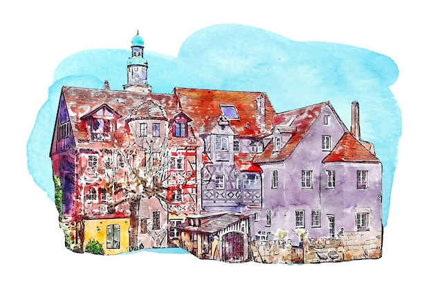 Architektur pegnitz deutschland aquarell handgezeichnete illustration isoliert auf weißem hintergrund