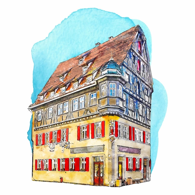 Architektur rothenburg deutschland aquarell handgezeichnete illustration isoliert auf weißem hintergrund