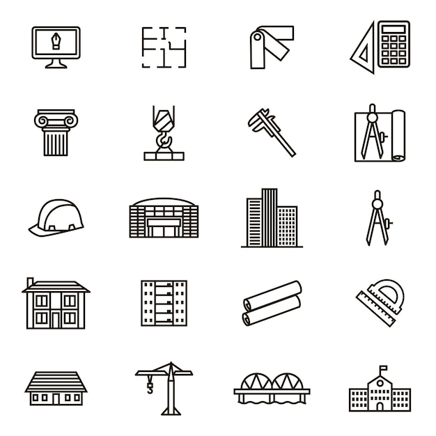 Architektur zeichen schwarz dünne linie icon set vektor