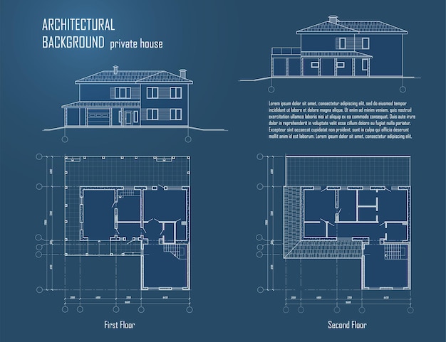 Architekturprojekt Grundriss Haus Moderne Villa Cottage-Projekt auf dunklem Hintergrund Blaupause