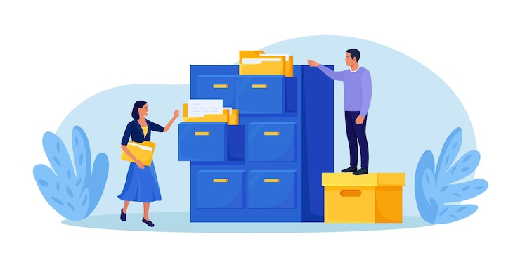Vektor archivierung und aufbewahrung von dokumenten geschäftsleute durchsuchen dateien in archiven support-service-datenbank männer, die mit informationsdokumenten und statistiken in der analytischen abteilung arbeiten ordner im archiv