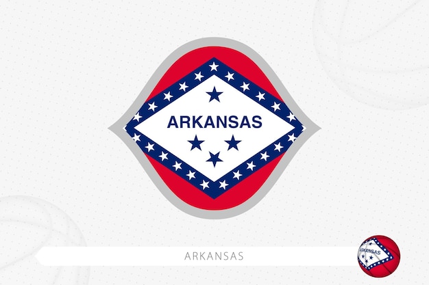 Vektor arkansas-flagge für basketballwettbewerb auf grauem basketballhintergrund.