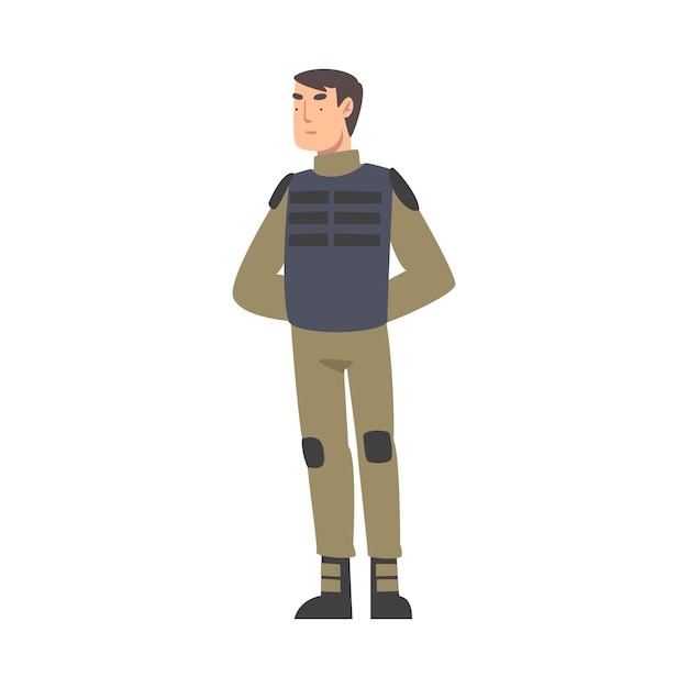 Vektor armeesoldat militärmann charakter in knaki uniform und kugelsichere weste cartoon-stil vektor-illustration