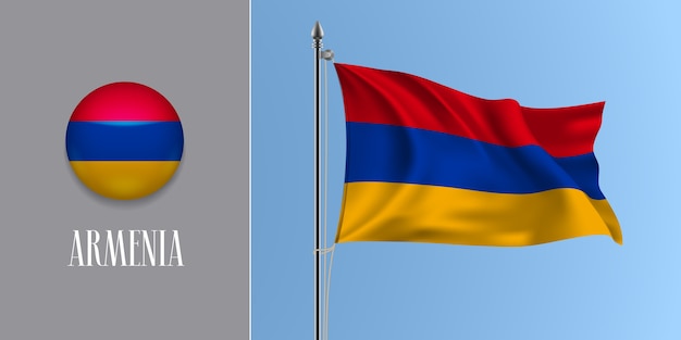 Armenien, die flagge auf fahnenmast und runder symbolillustration winken