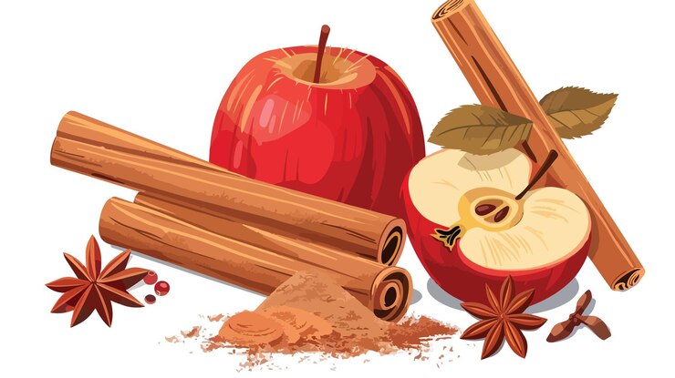 Vektor aromatische zimtstäbchen, anisensternpulver und roter apfel