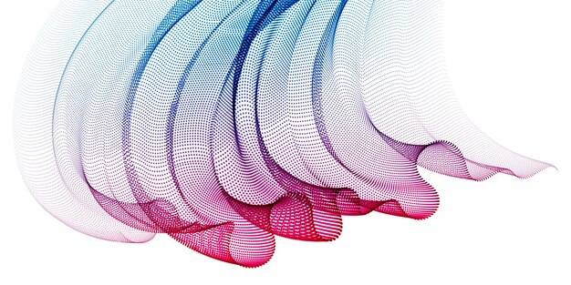 Array von fließenden Partikeln, dynamisches, wellenförmiges, transparentes Tüllgewebe im Wind. 3D-Vektor-Illustration. Mesh runde Punkte, schöne entspannende Tapetenillustration.