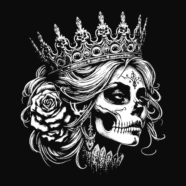 Vektor art dark skull queens girl lady mit rose und krone horror grunge vintage tätowierung