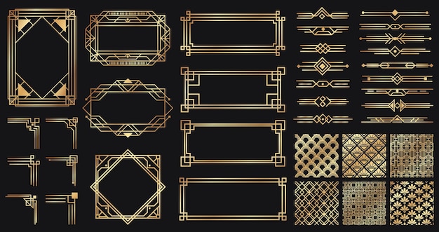 Art-deco-elemente eingestellt. kreative goldene grenzen und rahmen. trennwände und kopfstücke für luxus- oder premium-design. alte antike elegante elemente isoliert auf dunkel. dekoration für kartenvektorillustration