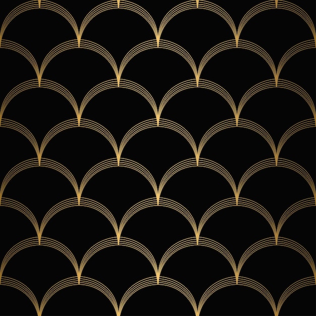 Art-Deco-Muster nahtloser schwarzer und goldener Hintergrund Metallische Muscheln oder Schuppen Spitzenornament minimalistisches geometrisches Design Vektorlinien Motive der 1920er und 1930er Jahre Luxus-Vintage-Illustration