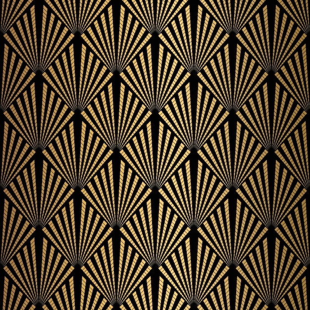 Vektor art-deco-muster nahtloser schwarzer und goldener hintergrund metallische muscheln oder schuppen spitzenornament minimalistisches geometrisches design vektorlinien motive der 1920er und 1930er jahre luxus-vintage-illustration