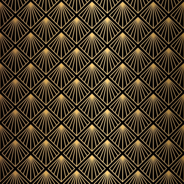 Art-Deco-Muster nahtloser schwarzer und goldener Hintergrund Metallische Muscheln oder Schuppen Spitzenornament minimalistisches geometrisches Design Vektorlinien Motive der 1920er und 1930er Jahre Luxus-Vintage-Illustration