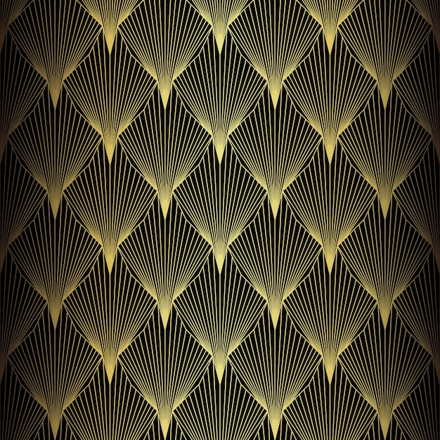 Art-Deco-Muster, Vektorhintergrund im Stil der 1920er Jahre. Goldschwarze Textur, Fächer- oder Palmblattform, 3D-Hintergrund