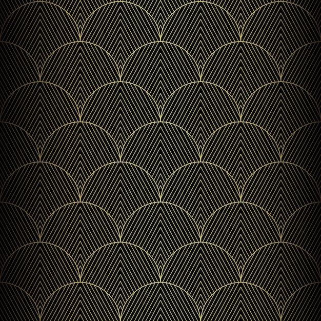 Art-Deco-Muster, Vektorhintergrund im Stil der 1920er Jahre. Goldschwarze Textur, Fächer- oder Palmblattform, 3D-Hintergrund