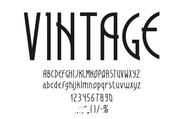 Vektor art-deco-schriftart, retro-romantik, jugendstil-schriftart, elegante buchstaben, alphabet, vintage-typografie, vektorzahlen, groß- und kleinbuchstaben, monochrome abc-schriftart, luxus-alphabet-zeichensatz