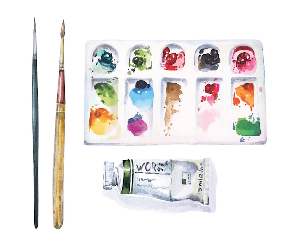 Vektor art supplies aquarellpalettepinsel und farbtuben mit wasserfarben bemalt