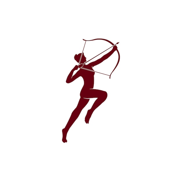 Artemis-göttin-silhouette mit bogenschütze in weinrotem logo-design-vektor