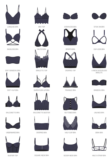 Arten von BHs Große Vektorkollektion an Dessous. Set Balconette-Unterwäsche, trägerlos, ungefüttert