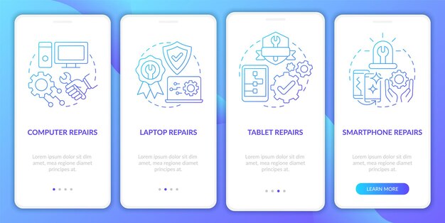 Arten von Diensten Blauer Farbverlauf beim Onboarding des mobilen App-Bildschirms Exemplarische Vorgehensweise 4 Schritte Grafische Anleitungsseiten mit linearen Konzepten UI UX GUI-Vorlage Myriad ProBold Verwendete reguläre Schriftarten
