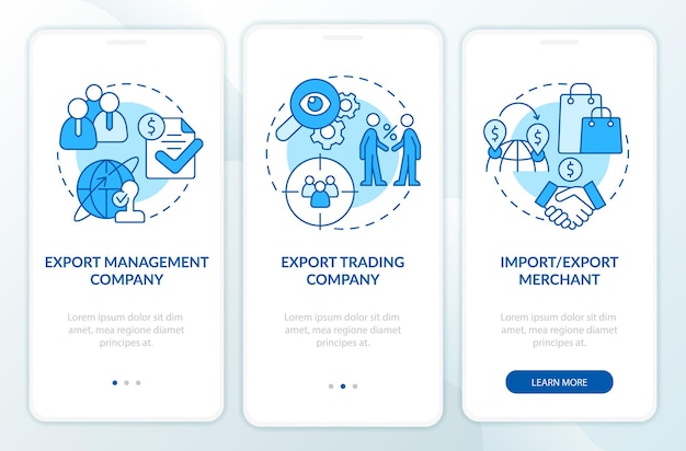 Arten von import- und exportgeschäften blauer onboarding-bildschirm für mobile apps