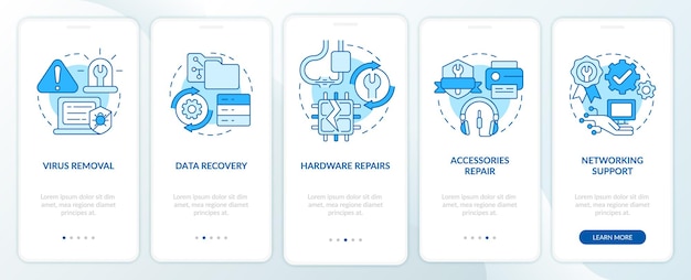 Arten von Reparaturen blauer Onboarding-Bildschirm der mobilen App