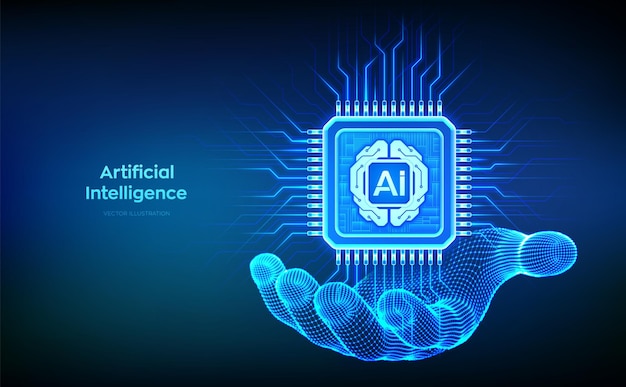 Artificial Intelligence chip with AI digital brain circuit board icon in wireframe hand Artificial intelligence integrated into a microprocessor AI processor technology concept Vector illustration