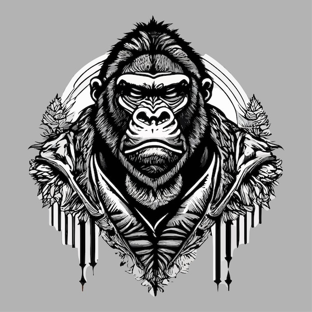 Vektor artwork-illustration und t-shirt-design-gorilla auf weißem hintergrund