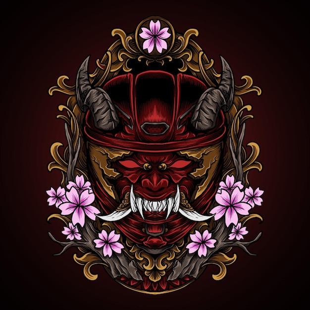 Artwork Illustration und T-Shirt Design Oni Devil Sunmori Gravur Ornament