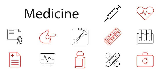 Arzneimittel-Satz-Symbol Pillen Spritze Herzschlag-Zertifikat Probenröhren Röntgen-Rezept-Monitor Tropfen Flasche medizinische Gesundheit Arzt Behandlung Apotheke Diagnose Labor