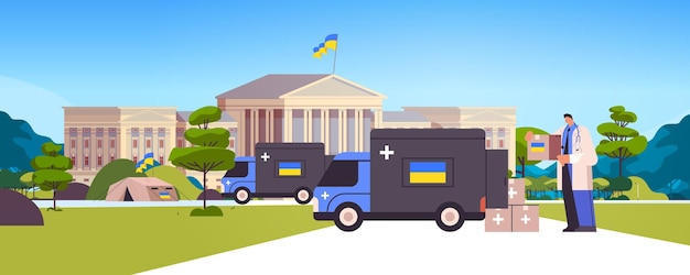 Arzt gibt flüchtlingen hilfebox mit medizinischen hilfsgütern humanitäre hilfe materielle hilfe regierungshilfekonzept rettet die ukraine vor russland stoppt krieg horizontale vektorillustration