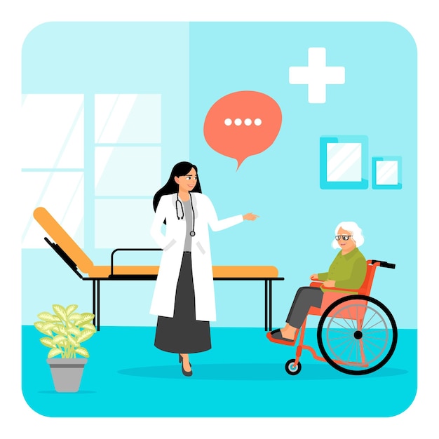 Arzt hilft einem älteren Patienten im Rollstuhl während einer medizinischen Konsultation