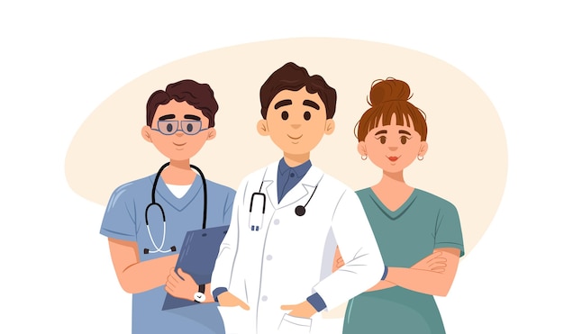 Arzt im weißen Kittel hält die Hand in der Tasche, männliche und weibliche Krankenschwester tragen Uniform. Krankenhausangestellte stehen in einer Reihe. Klinikmedizin. Notfallbehandlungskonzept. Vektorillustration