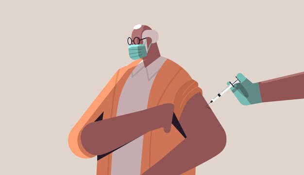 Arzt impft afroamerikanischen männlichen patienten im kampf mit medizinischer maske gegen die entwicklung von coronavirus-impfstoffen