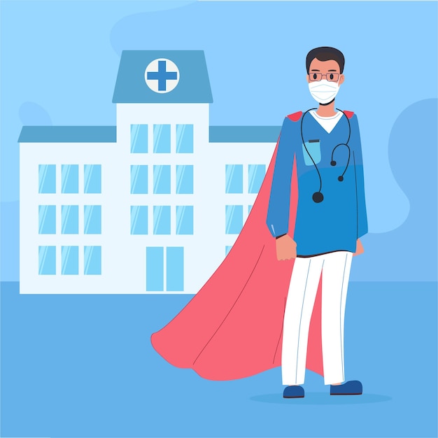 Arzt ist ein moderner superheld vor dem hintergrund des krankenhauses